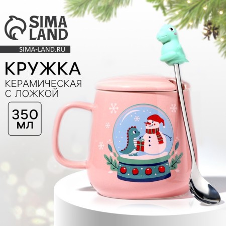 Ceramic mug with a spoon “Happy New Year!”, 350 ml, pink color