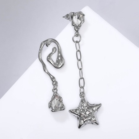 Hanging earrings with rhinestones “Star” with a spiral, white color in silver, 6.5 cm-3
