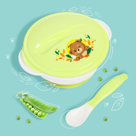 A set of children's dishes "Friends", 3 objects: a plate on a suction cup, cover, spoon, green color