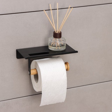 Holder for toilet paper with a Bamboo shelf, 18 × 9.7 × 7.5 cm, black color