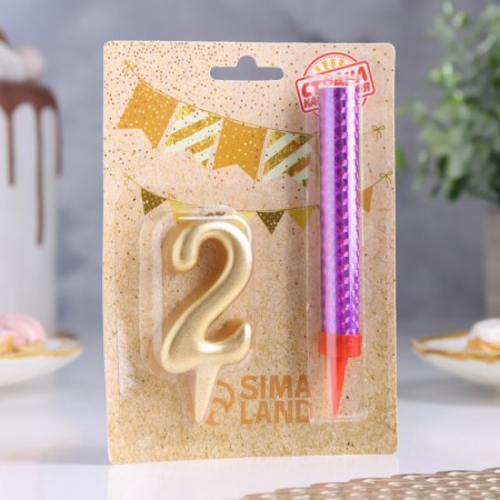 Candle for cake the number "2", "Oval + fountain" Golden-3