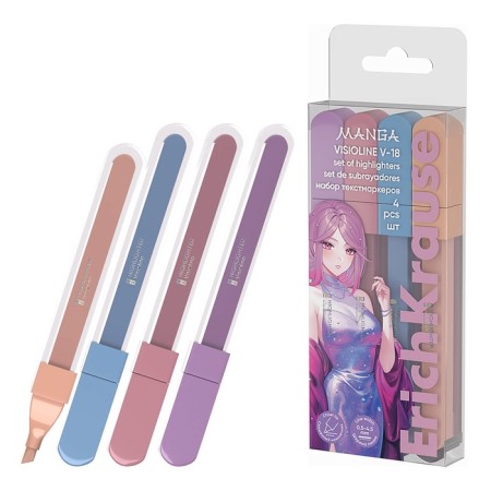 A set of textbook markers 4 pieces Erichkrause Visiooline V -18 "Manga", a beveled node 0.5 - 4.5 mm, on water -based dries quickly, mix-9