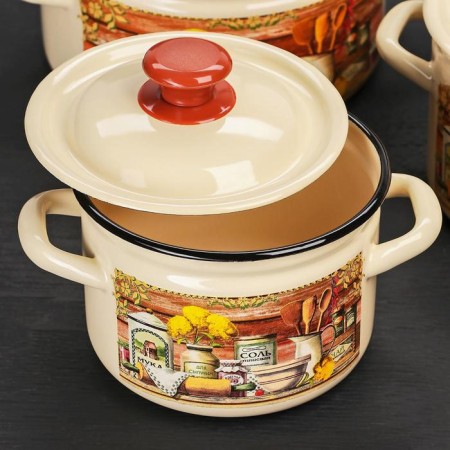 Set of pan "rural motive", 3 subjects: 2 l, 3 l, 5 l, enameled covers, induction-1