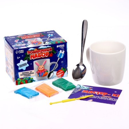 New Year's set for decor mug and spoon with polymer clay “New Year! Bunny and gift "-3