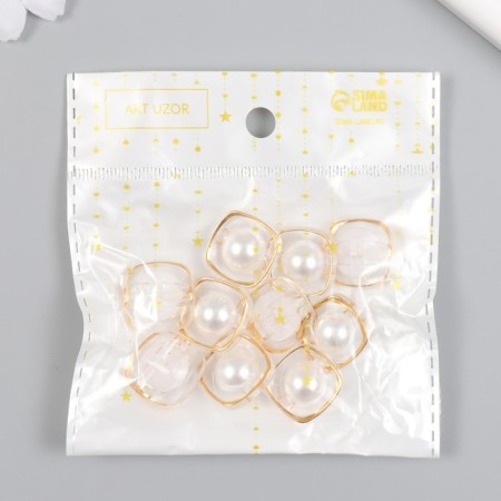 A button plastic for creativity "Pearl in the Golden Square" 1.9x1.9x1.1 cm-3
