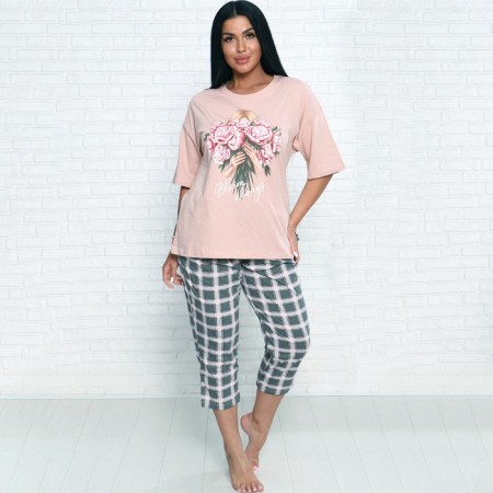 Women's home set (T -shirt/Bridges), pink color, size 52
