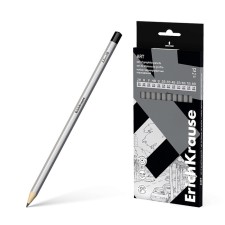 A set of pencils of chernographic various hardness of 12 pieces, Erichkrause, Griffel D = 2.2 mm, hexagonal, impact -resistant, silver, in the box