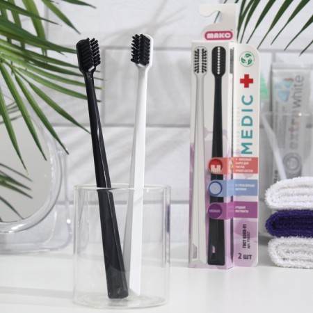 Medic toothbrush for bracket systems, biodegradable, black + white, 2 pcs.