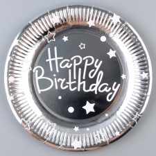 Paper plate “Happy Birthday”, stars, set 6 pcs in the set, 23 cm, silver color