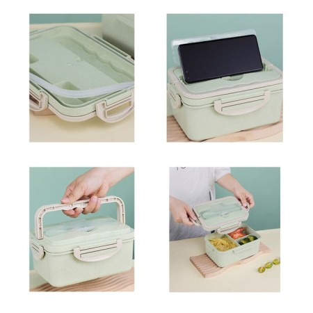 Lunch box, 1.5 l, 3 sections, spoon, fork, 20 x 13 x 7 cm, green-1