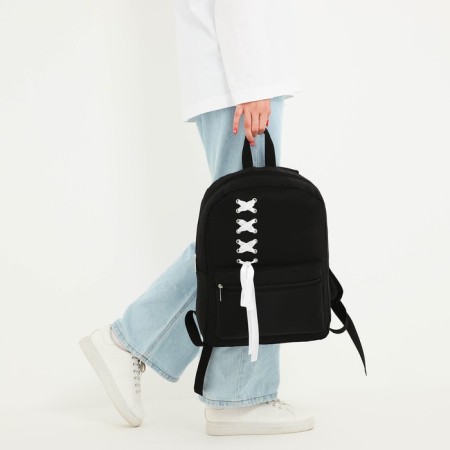 School textile school backpack with a white ribbon, 38x29x11 cm, black color, lightning department-7