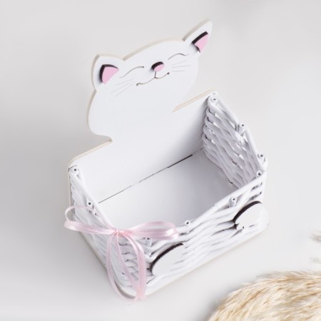 Basket wicker from the vine "cat" 12.5x9x16.5 cm MDF, white-pink-3