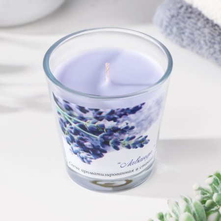 Aromatic candle in a glass of "lavender", 6.5x6.5 cm, 10 hours, 165 g, lilac