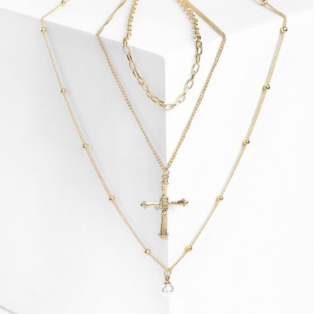 Piece "chain" Cross with pearls, white color in gold, l = 60 cm-1