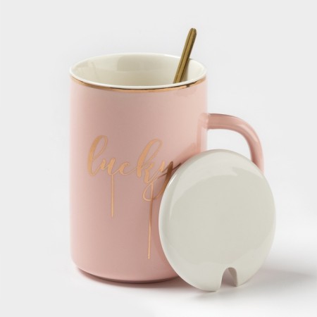 Ceramic mug with a lid and a spoon "Anabel", 350 ml, Mix drawing-1
