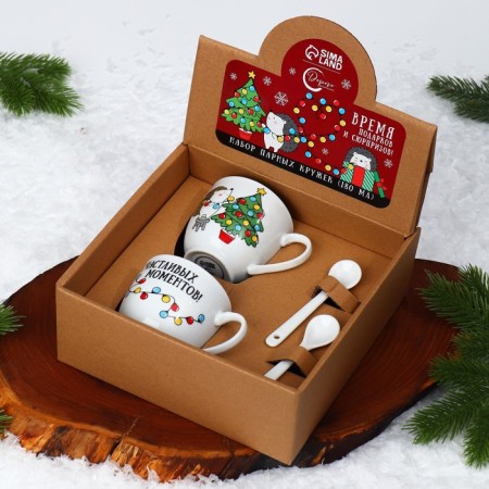 A set of ceramics "Hedgehog", a mug of 180 ml 2 pcs, a spoon 2 pcs, the color is white-10