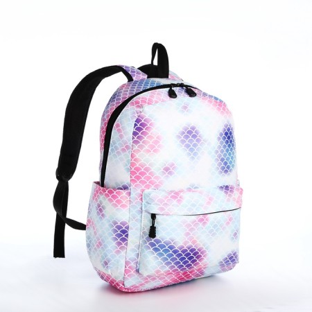 Youth backpack from a lightning textile, 3 pockets, waist bag, blue/white/pink color