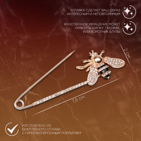 Bulavka "Bee" with rhinestones, 7.5 cm, black and white color in pink gold-1