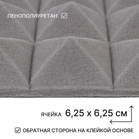 Acoustic foamine pyramid, self -adhesive, tiles, 50 x 50 x 5 cm, gray-1