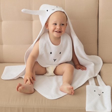 Set of crumb I (towel-angle, mitten, bib), white, 100% HL, 360 gr/m2