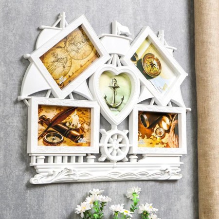 Photo frame Plastic in 5 photos 10x15, 12x12 cm "Ship" White 38x48 cm-1