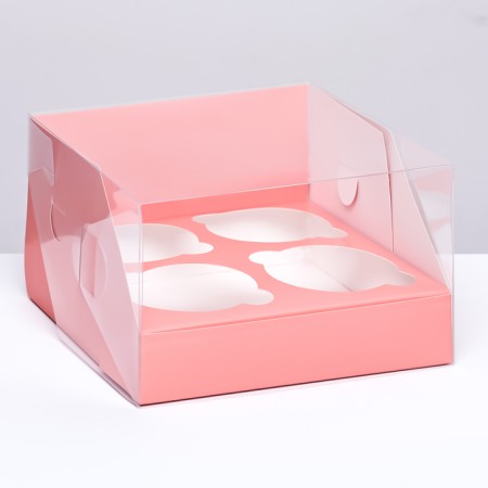 Confectionery folding box for 4 cupcakes 16 x 16 x 10, pink
