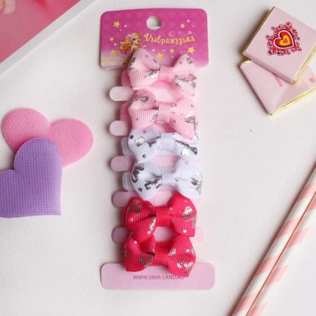 Hair elastic band "Bow" (set 6 pcs) bow gleam, white pink