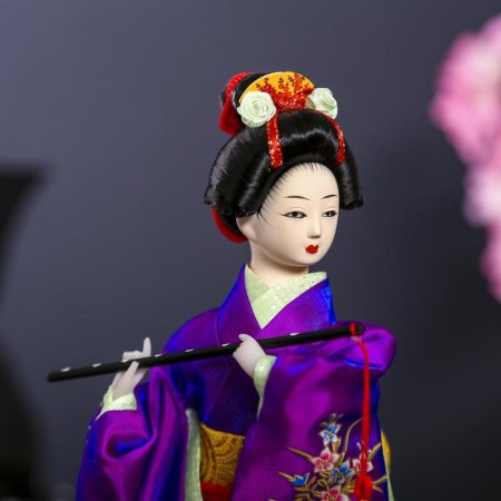 Collector doll "Japanese in a purple kimono with flute" 25x9.5x9.5 cm-4