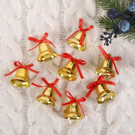 Christmas tree decoration "Bells with a bow and snowflakes" (set of 8 pcs) 2 cm, red-golden