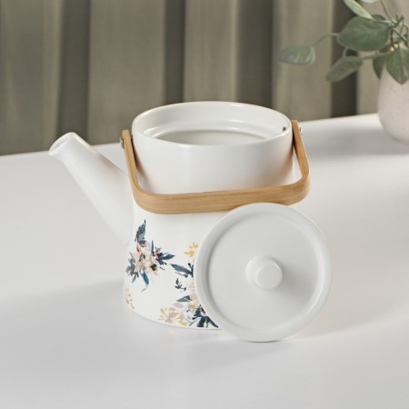 Ceramic tea set "Sakura", 6 items: 4 circles 250 ml, kettle 1 l, tray D = 29 cm, white color-3