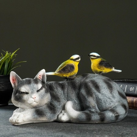 Garden figure "Cat lying with birds" 17x27x17cm-4