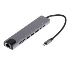 TYPE-C Langer (HUB), 2USB, port Ethernet, HDMI, 2TYPE-C, SD, Microsd, 10cm, Silver
