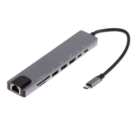 TYPE-C Langer (HUB), 2USB, port Ethernet, HDMI, 2TYPE-C, SD, Microsd, 10cm, Silver
