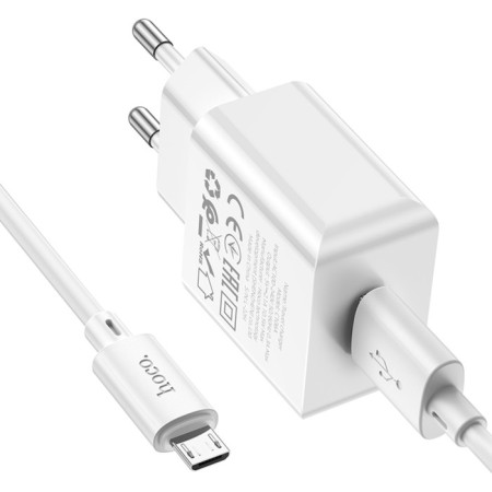 Network charger HOCO C106A, 1 USB, 2.1 A, Micro USB -USB, 1 m, white cable-4