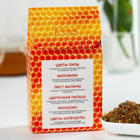 Berry and grassy tea "honey": linden flowers, rose hips, raspberry sheet, flower pollen, propolis, calendula flowers, 50 g.-3