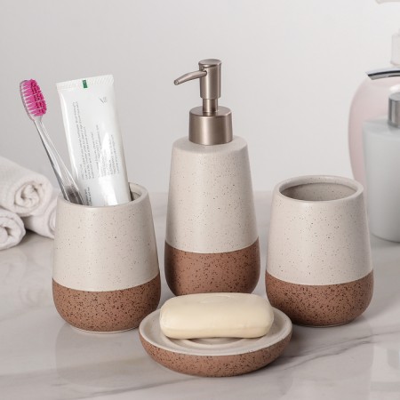 A set of accessories for the bathroom “minimal”, 4 items (dispenser, soap dish, 2 glasses), beige color-1