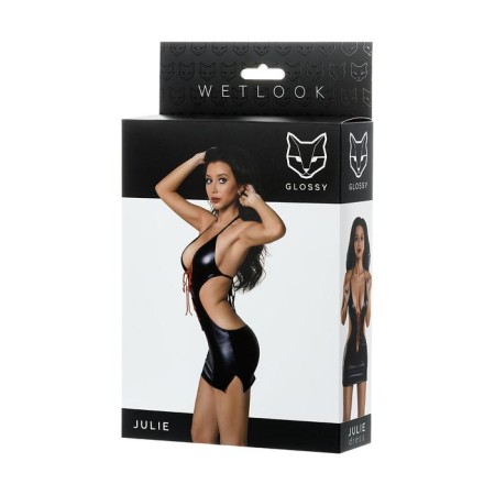 Glossy, Wetlook dress, with red lacing, black color, size l-3