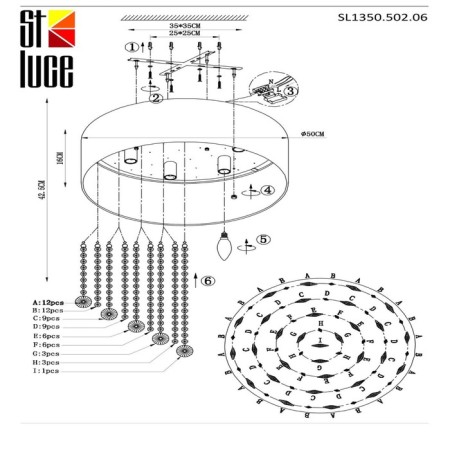 Ceiling lamp ST LUCE. SL1350.502.06. Lacchia. 6x40 watts, E14, 50x50x42.5 cm, chromium color-12