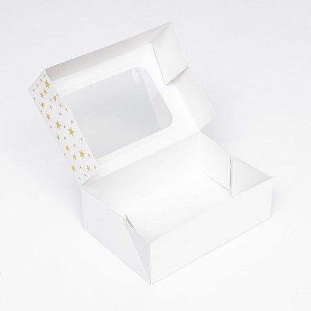 The box is folding, with a window, "stars", white, 23 x 16 x 7.5 cm,-3