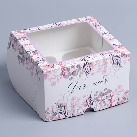 Capcake box, confectionery packaging with a window, 4 cells "Wreath", 16 x 16 x 10 cm