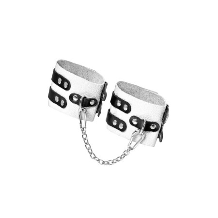 The shackles of Pecado BDSM, soft, with two straps, with eyelets, genuine leather, white-black-4