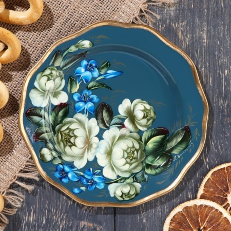 Zhostovsky tray "roses", dark gray, round, d = 17 cm