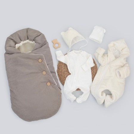 Set for discharge Winter Kinderlitto Velvet, 5 items, height 56-62 cm, gray-beige color