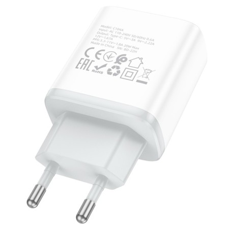 Network charger Hoco C104A, 1 Type-C, 20 W, PD + Qc, White-3