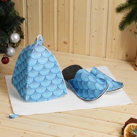 Set for a bath with a print "Water Dragon": a hat, slippers, rug, blue, p. 41-43