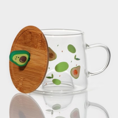 Glass mug with a wooden lid "Avocado", 350 ml, Mix drawing-1