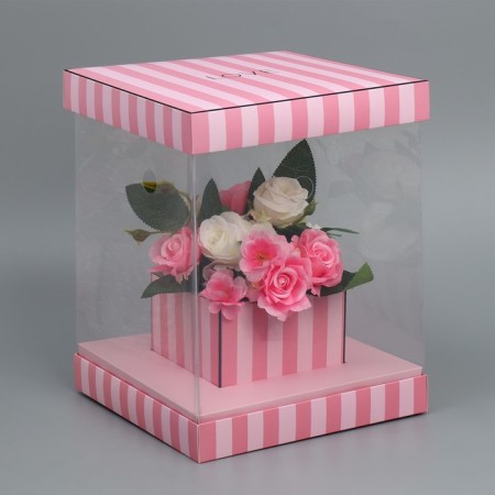 Gift box for flowers with a vase and PVC windows folding, packaging, "love", 23 x 30 x 23 cm-1