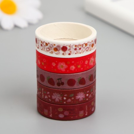 Adhesive tape paper "Summer with strawberries" Width 1 cm winding 2 m set 5 pcs