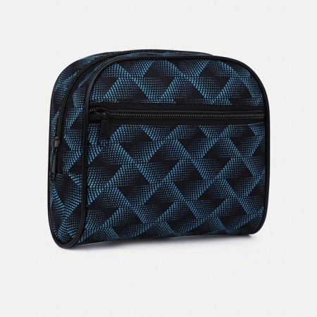 Cosmetic bag on a zipper, with a lining, external pocket, black/turquoise color