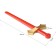 The sword is plastic, the color is red with the golden guard